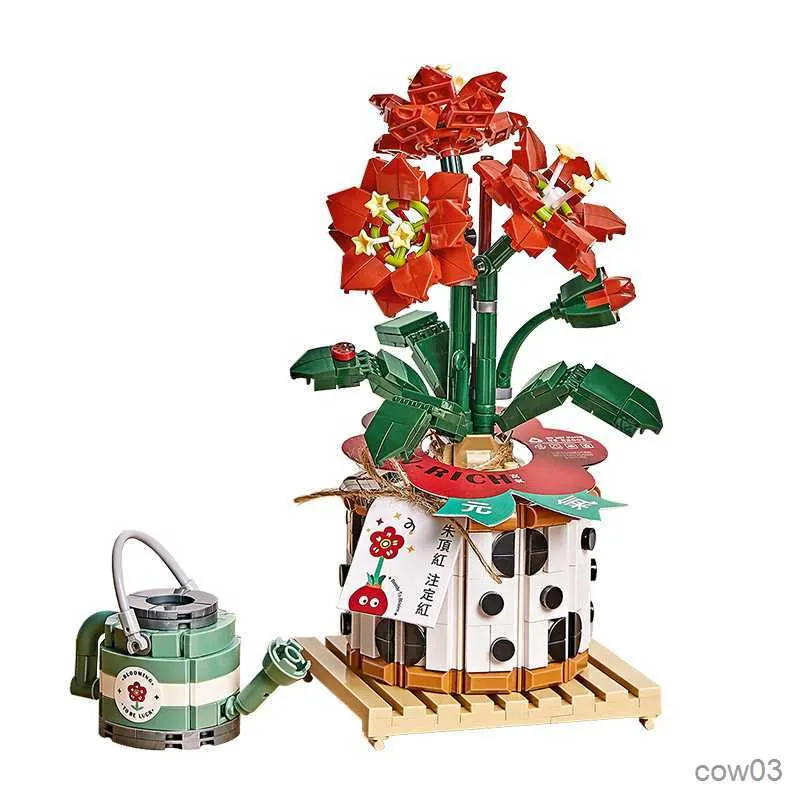 ブロック新しいロマンチックなかわいい植物Amaryllis Potted Flowers Gardens House Boldings Classic Model Mini Bricks Sets Kids Kits Gift R230720