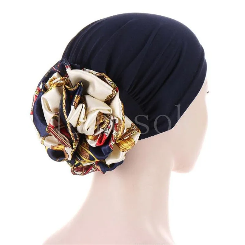 Big Flower Turban Bonnet för kvinnor Muslim under Hijab Caps Solid Color Islamic Inner Hijabs Headwrap Chemo Cap DE611