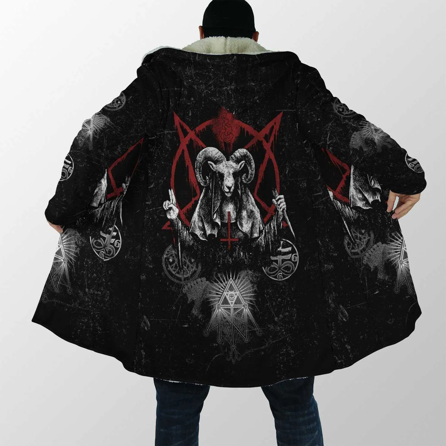 Men's Wool Blends 2021 winter Mens Hooded cloak Dark Satanic Skull Tattoo 3D Printing Fleece wind breaker Unisex Casual Warm Hood cloak PF05 HKD230718