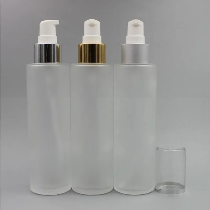 120ML Empty Frost Glass Spray Fine Mist Bottle 4Oz Refillable Round Glass Cream Pump Dispenser Gold Silver Collar with Aluminum Sprayer Shcj