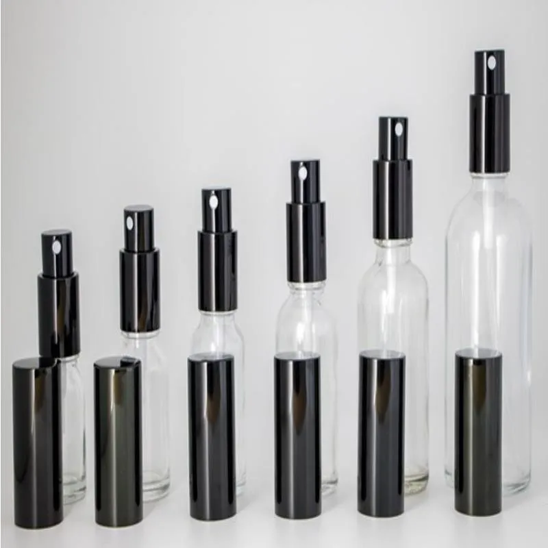 Bottiglie a spruzzo in vetro trasparente all'ingrosso 10 ml da 15 ml 20 ml 30 ml 50 ml 100 ml bottiglie ricaricabili portatili con atomizzatore di profumo Cap nero NGBFW