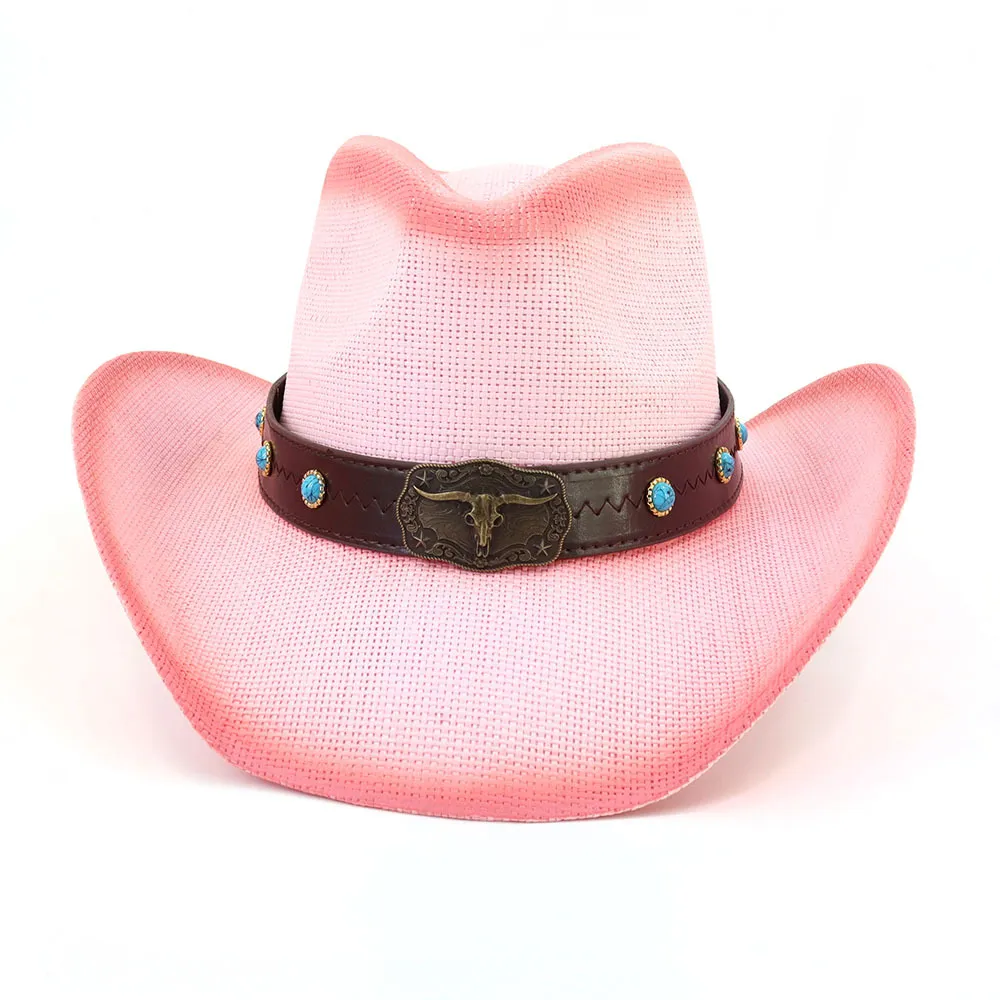 Vrouwen Roze Cowgirl Hoed Mannen Western Papier Stro Cowboy Hoed Koe Riem Brede Rand Zon Bescherming Panama Cap Hard sombrero De Mujer