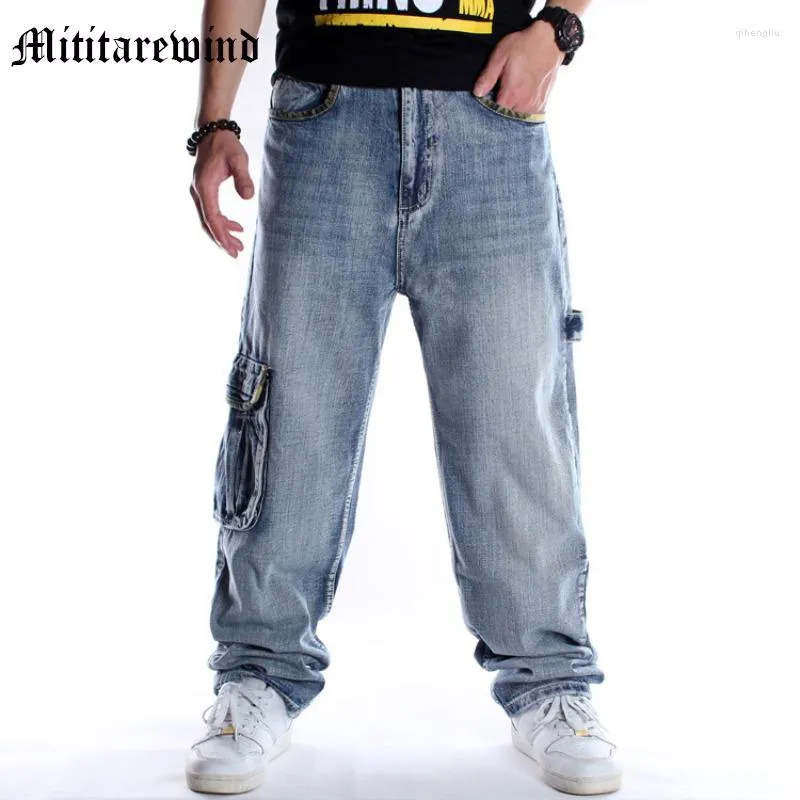 Herr jeans y2k multi porkets överdimensionerade loss brädbyxor denim baggy casual hip hop streetwear byxor retro blå full längd