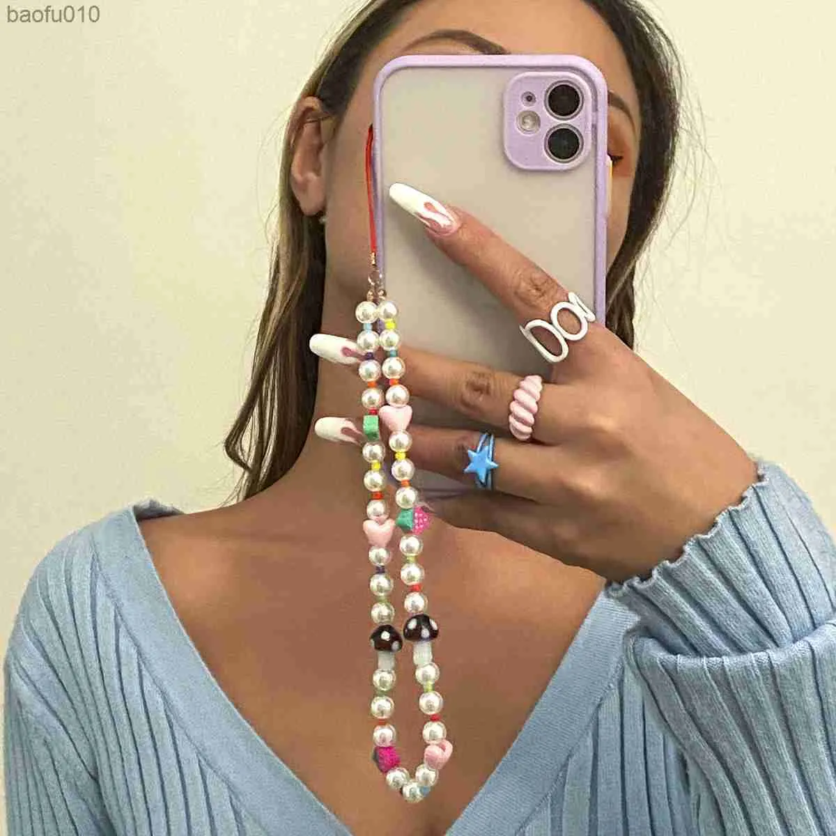 Unique Chain For Phone Mobile Straps Hand Made Charm Pearls Women Telephone Jewelry Beads Anti-Lost Lanyard Phone Accessories L230619