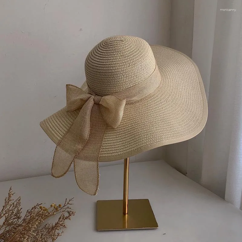 Sombreros de ala ancha para mujer, sombrero de paja de playa de verano, sombrilla grande coreana para playa, moda de vacaciones, lazo fresco para gorra