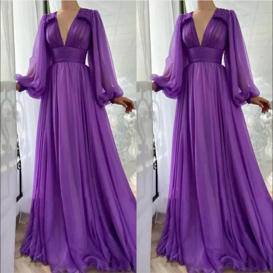 Simples Elegante Chiffon Roxo Vestidos de Baile Linha A Manga Longa Bufante Decote em V Drapeado Império até o Chão Vestido de Festa Formal Festa G236m