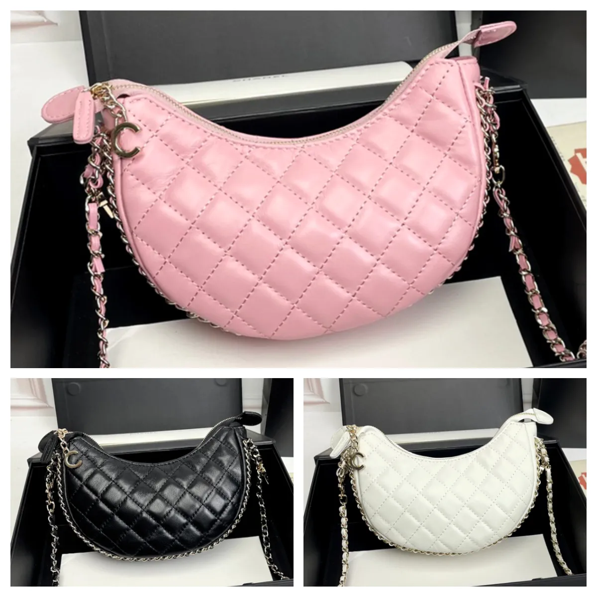 Sheepskin Half Moon Baguette Crossbody Bag for Women Vintage Chain Shoulder Strap Mini Underarm Handbag with Zipper Closure