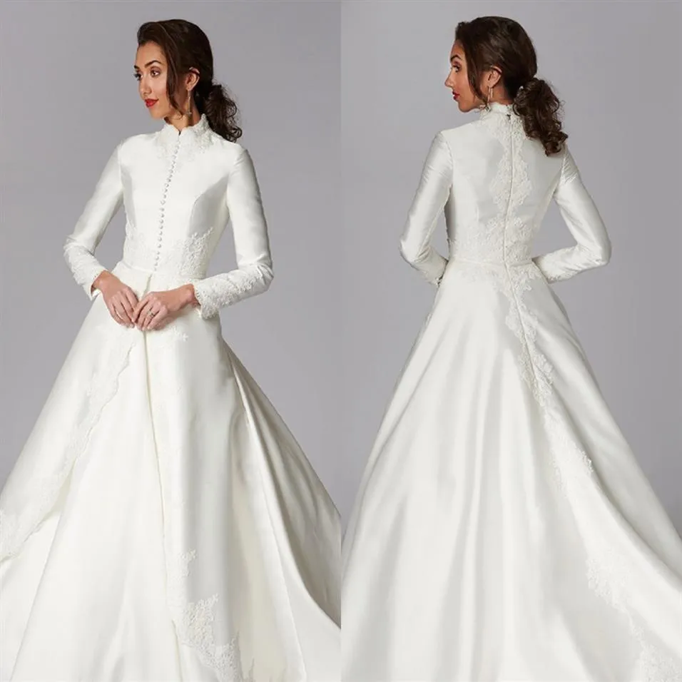 2020 Vestidos de Noiva Muçulmanos Modestos Linha A Apliques de Cetim Gola Alta Country Vestidos de Noiva Sweep Train Manga Longa Casamento Boêmio 323N