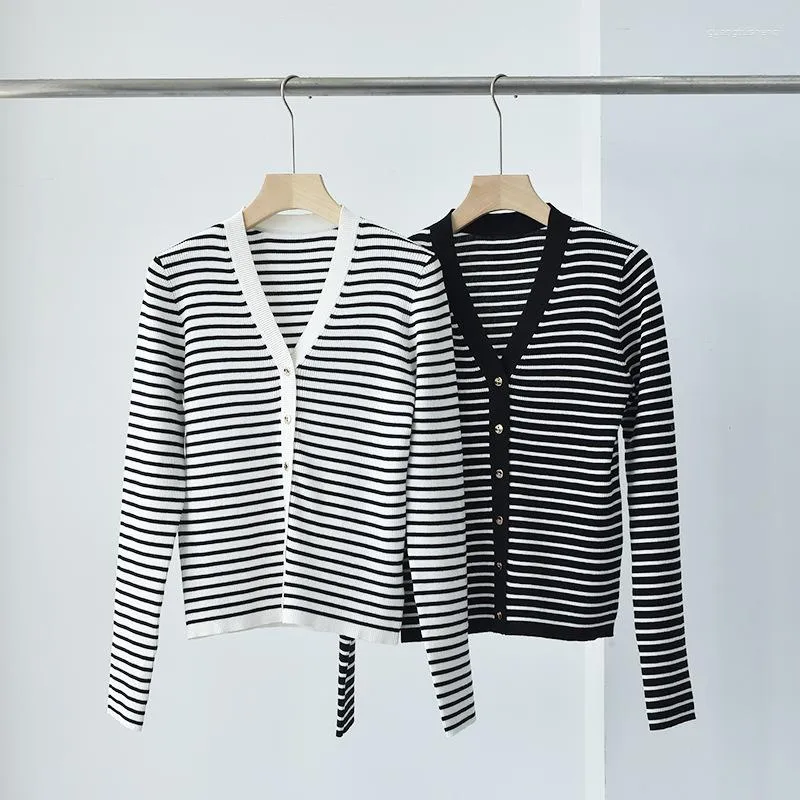 Women's Knits 2023 Summer Women Black And White Stripe Knitted V-neck Slim Fit Pit Striped Long Sleeve Air Conditioned Cardigan