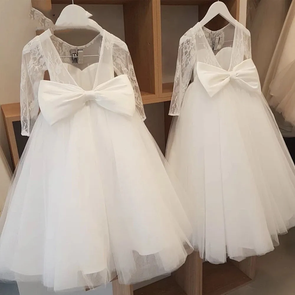 Witte Meisjes Bruidsmeisje Jurk voor Bruiloft Kant Elegante Tiener Avond Prom Jurken Backless Grote Strik Kinderen Prinses Partij Jassen