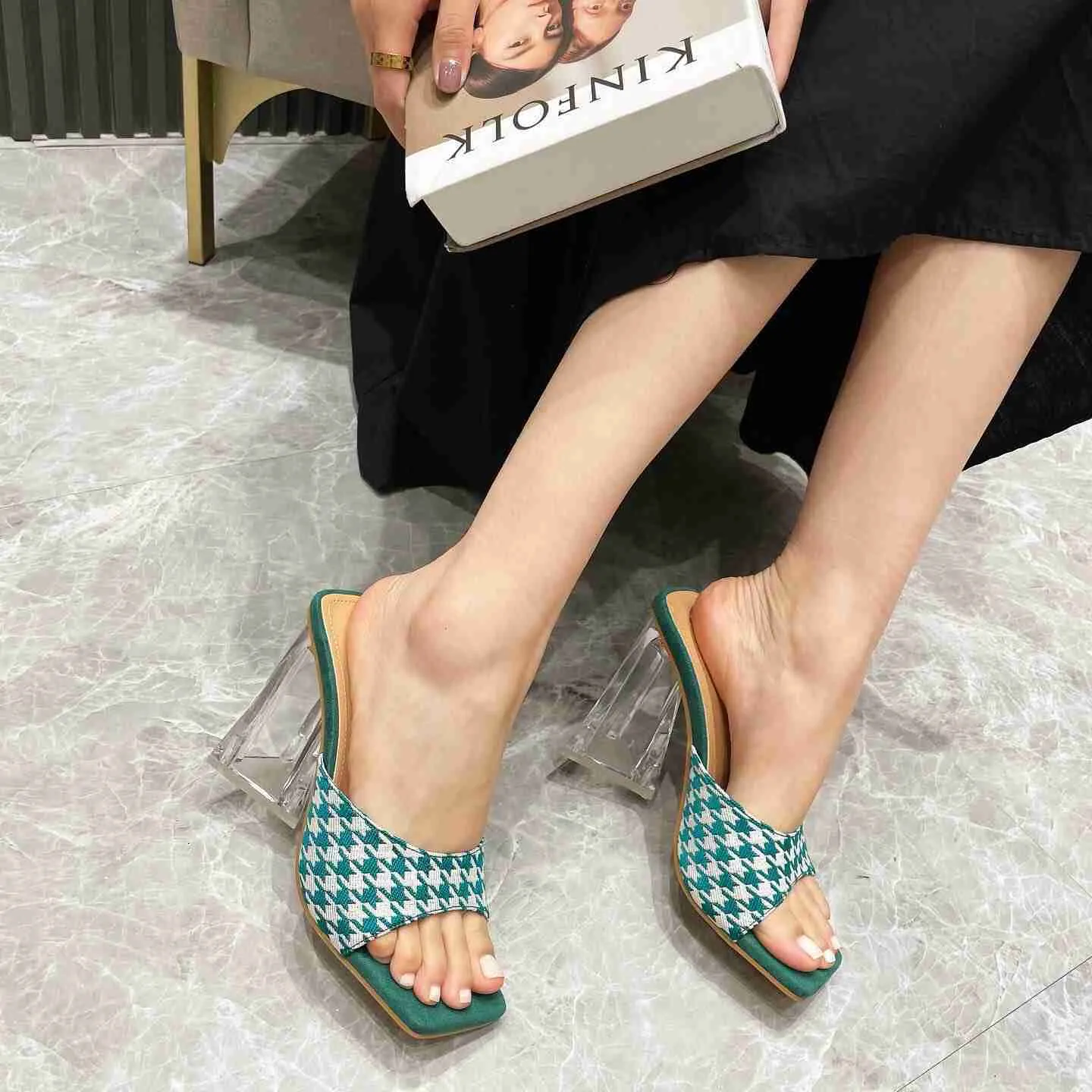 Sandals LTARTA 2022 Summer New Square Toe Women's Shoes Fashion Lattice Pattern Crystal Heel Casual High-heeled Slippers Women ZL L230720