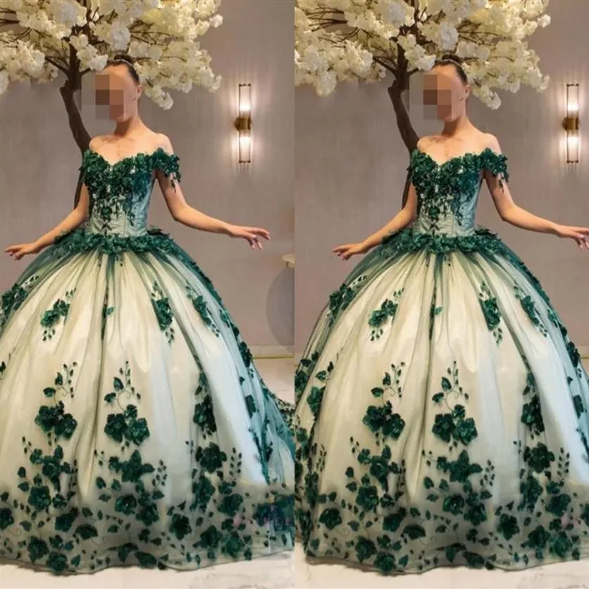 2023 Hunter Green Nude Prom Sweet 16 Dresses Ball Gown Floral 3D Flowers Pärlor Täckade av axeln Quinceanera Dress Plus Siz3013