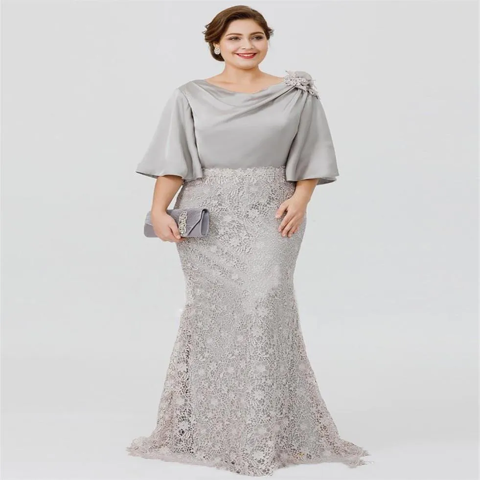 Elegant silver Silk Satin Lace Mors klänningar Plus Size Mother of the Bride Dresses Flare Sleeve Long Mermaid Wedding Guest229m