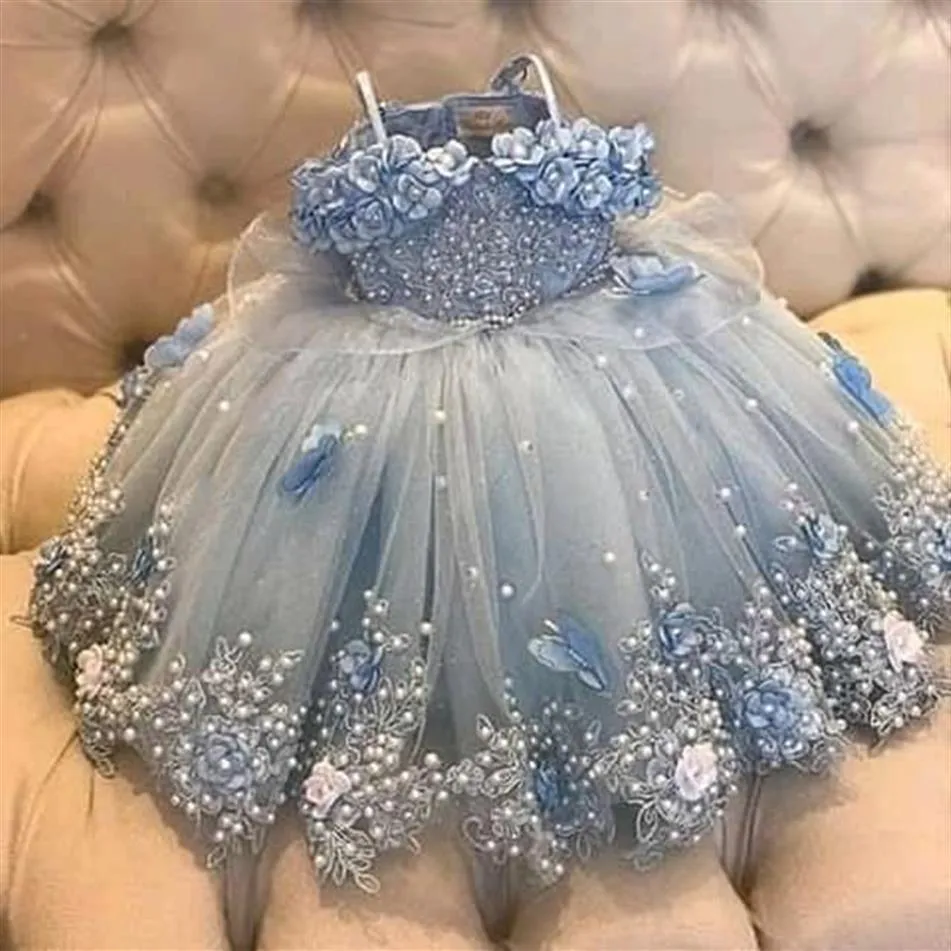 Bleu ciel clair perles filles Pageant robes Appliqued perlée robe de fille de fleur pour les mariages enfants longue princesse boule d'anniversaire G286c