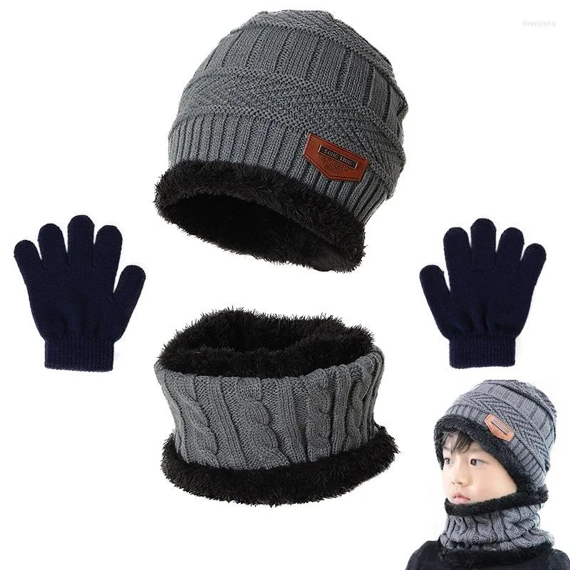 Cycling Caps 2023 Children Winter Knitted Hat And Scarf Gloves 3 IN 1 Set Boy Girls Kids Warm Plush Hats Outdoor Ski Cap Fashion Scarves