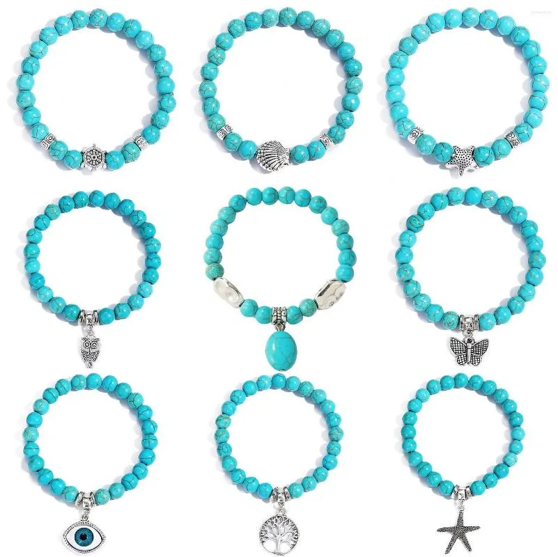 Bracelets à maillons couleur argent tête de bouddha lave squelette Turquoises perles de pierre naturelle pour femmes hommes Bracelet ensemble bracelets à breloques