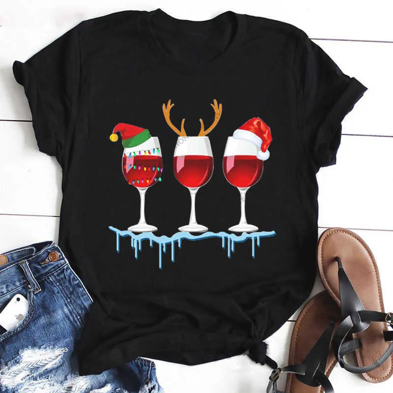 クリスマスTシャツワインカップクリスマスハットメンズアンドレディースTシャツ半袖