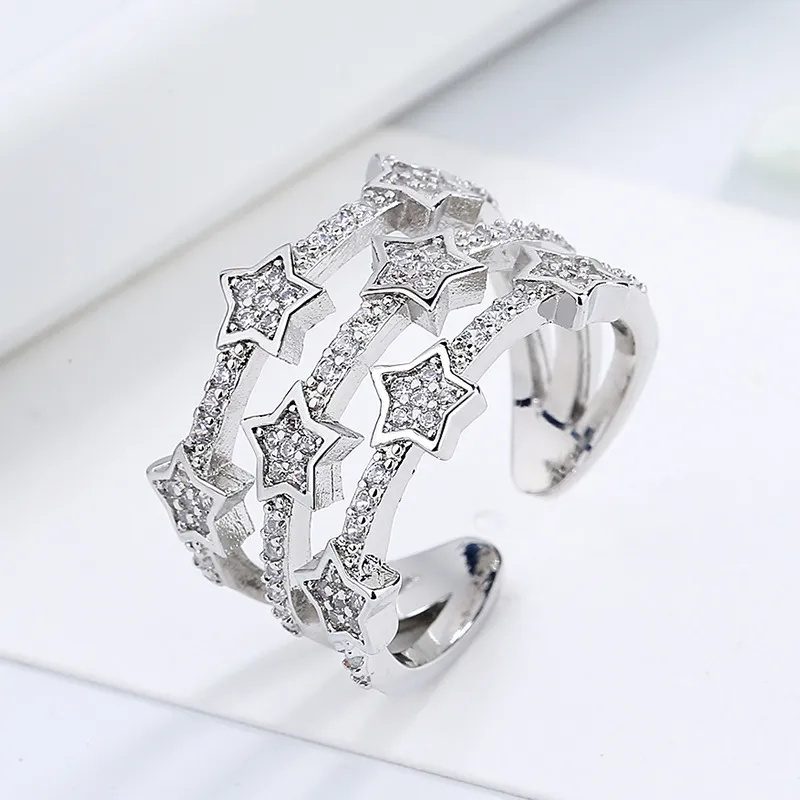 Multilayer Zircon Stars Rings For Women Stainless Steel Silver Color Adjustable Star Ring Wedding Christmas Jewelry Gift anillos