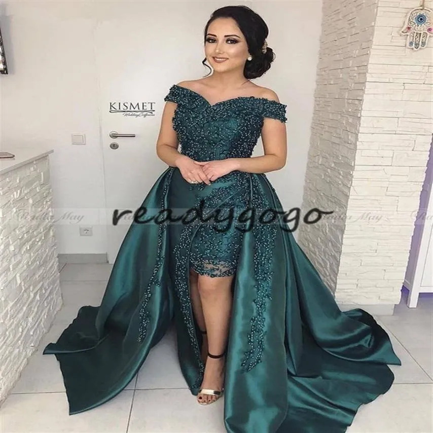 Elegant Off Shoulder Emerald Green Arabic Evening Dress with Detachable Train Kaftan Dubai Women Plus Size Formal Prom Dresses265f