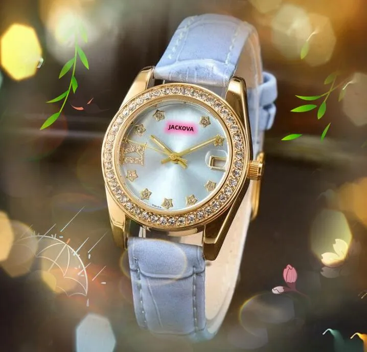 Iced Out Full Diamonds Ring Watch Top Fashion Hip Hop Acier Inoxydable Star Bee Case Femmes Horloge Calendrier Quartz Mouvement Business Or Rose Bande Montres Montre de Luxe