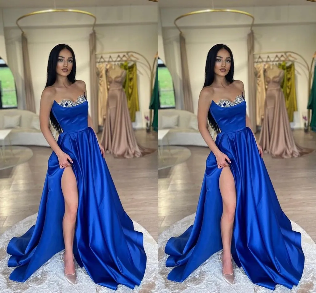 Sexy Royal Blue Plus Size A Line Prom Dresses Long for Women Sweetheart High Side Split Formal Ocasions Pageant Dress Party Evening Birthday Vestido sem luvas