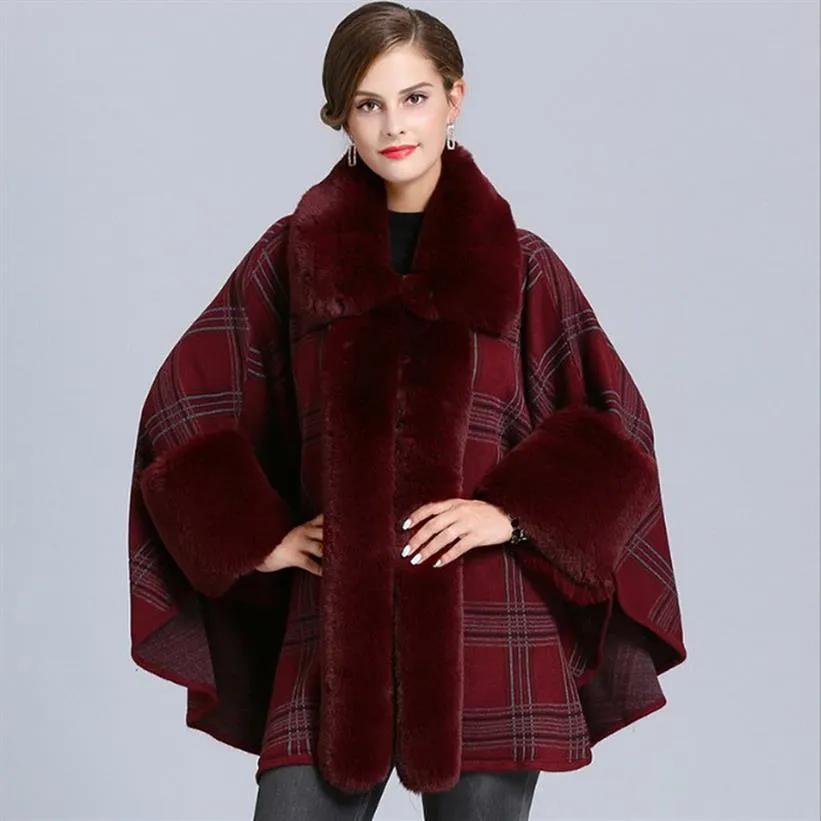 Female Faux fox fur check plaid tartan Cape Poncho Cardigan Knitting lady shawl stole wraps Sweater #41442538