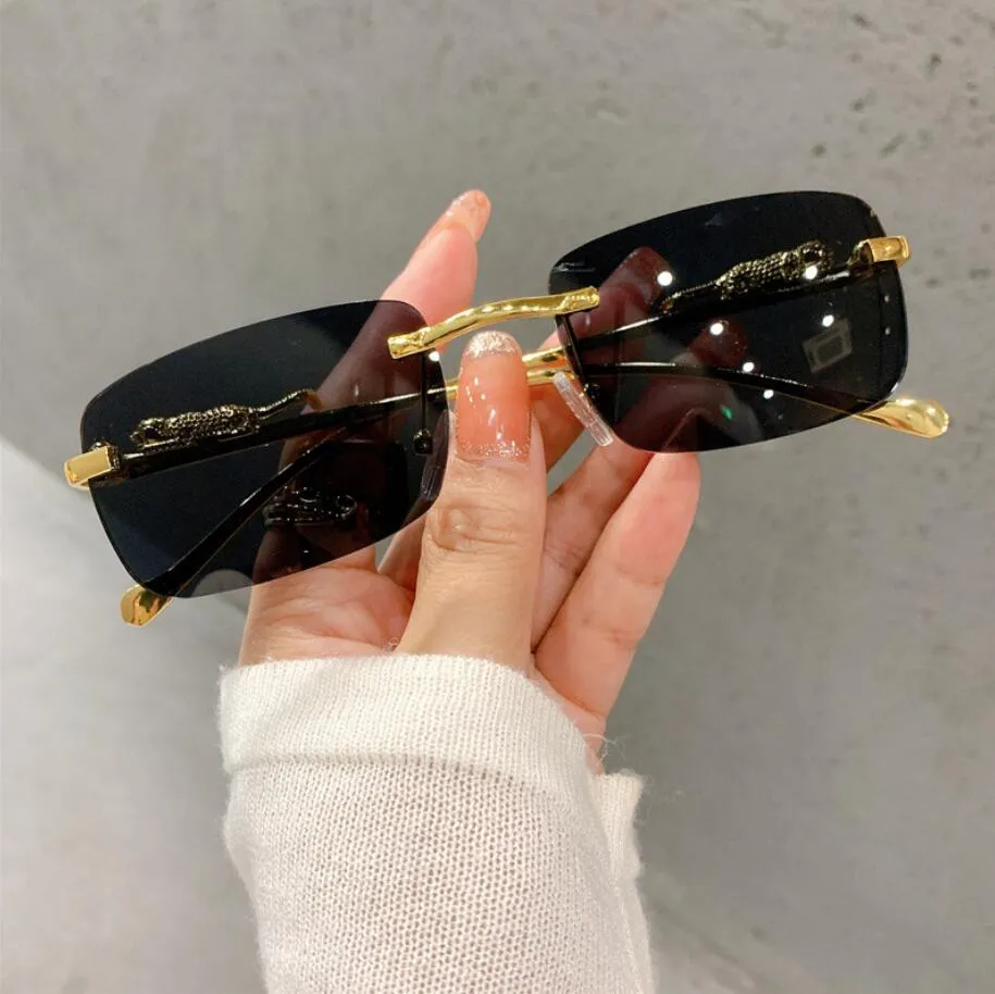 Vintage Randlose Quadratische Sonnenbrille Frauen Männer Luxus Marke Designer Beliebte Reise Fahren Metall Leopard Kopf Sonnenbrille UV400