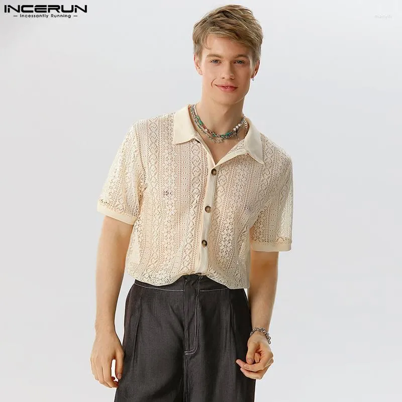 Herren Freizeithemden INCERUN Tops 2023 Amerikanischer Stil, ausgehöhlte Spitze, bedruckt, Mikro-durchsichtiges Mesh, kurzärmelige Bluse, S-5XL