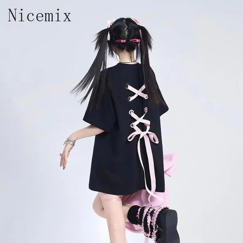 T-shirts pour femmes Nicemix Chic T-shirt Femmes Bow Lacets Patchwork Lâche Casual T-shirts Doux Preppy Noir Été Femme Mode Tops