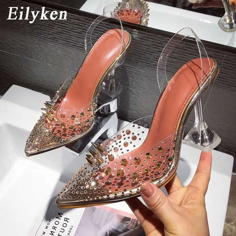Sandals Eilyken 2023 New Gold Silver PVC Transparent Rivet Diamond Pumps Sandals Perspex Heel Pointed Toe Crystal Wedding Shoes L230720