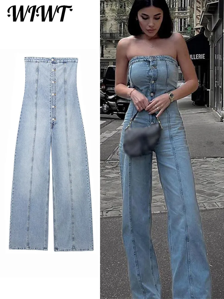 Kvinnors jumpsuits Romper Tube Top Backless Denim 2023 Blue Sleeveless Single Breasted Wide Leg Jumpsuit Female Streetwear Romper 230720