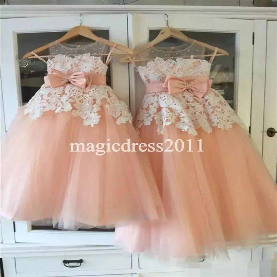 New Arrival Peach Flower Girl Dresses for Beach Wedding A-Line Jewel Illusion Bodice Ivory Lace Tulle Long First Communion Dresses287K