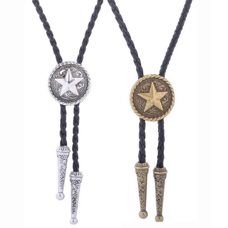 Bolo Ties Amerikaanse Bolo Tie Vintage Cowboy Western Metal Star Kunstleer Touw Ketting HKD230719