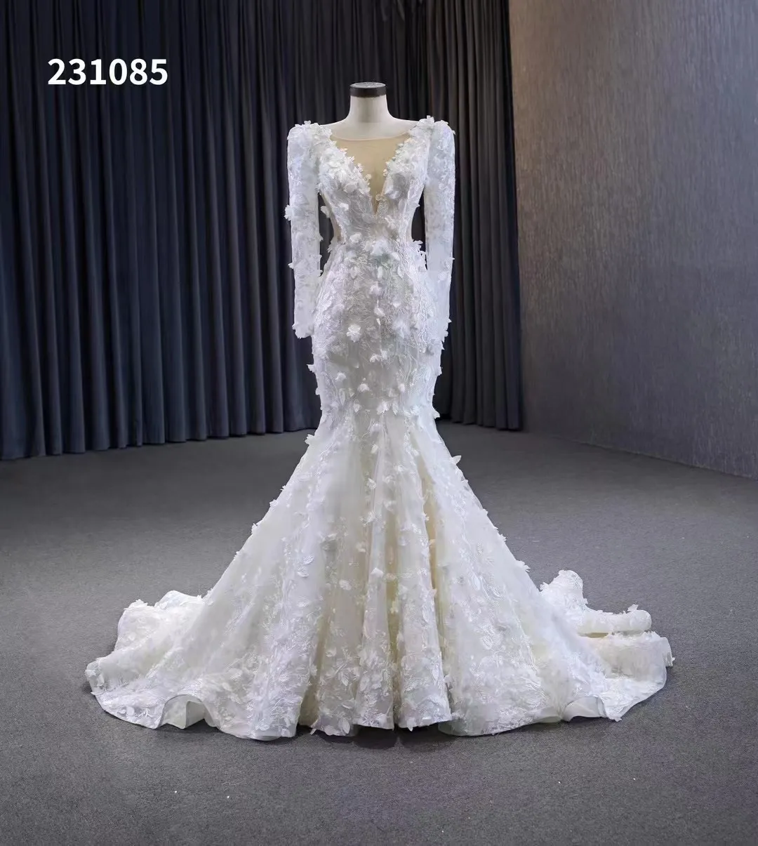 Lätt champagne långärmad sjöjungfru Slim Fit Sweet Wedding Dress Trail High midja SM231085