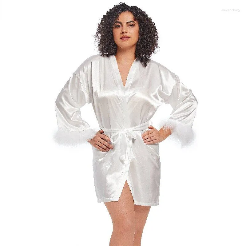 Women's Sleepwear Plain Feather Robe Satin Plus Size Robes Short Silky Bathrobes Bridesmaid Party Dressing Gown