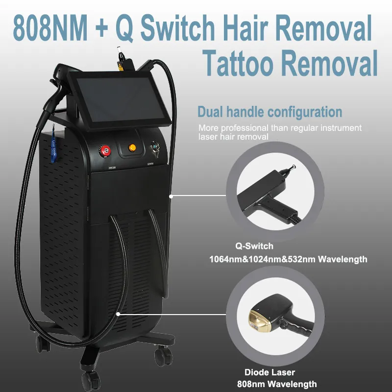 2 in 1 808Nm Diode Machine laser Hair Nd Yag Q-Switch 532 1024 1064NM Élimination de tatouage Machine de beauté de blanchiment de la peau