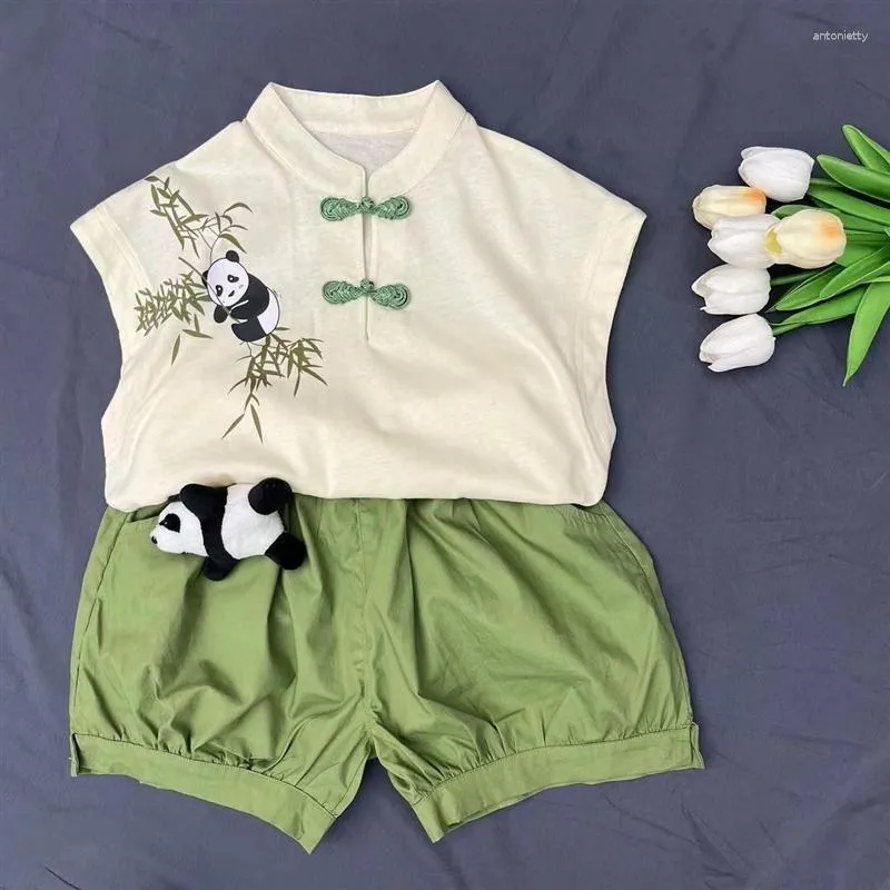 Ethnic Clothing Summer Kawaii Panda Printed Sleeveless Vest Green Shorts Suit Modern Chinese Style Tang Baby Boy TaiChi Uniform