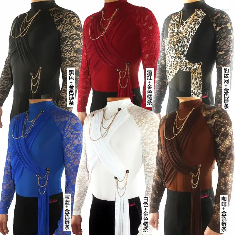 Stage Wear Latin Dance Shirts Men Lace Print Long Sleeve High Collar Male Competition Performance Dancing Top Cha Rumba Samba