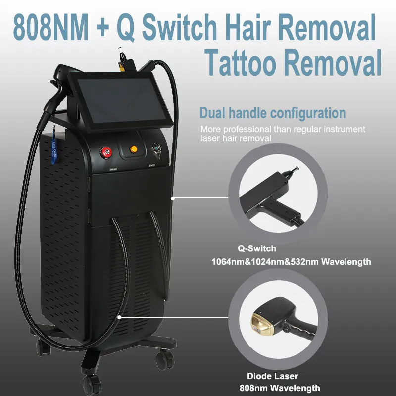 2500W Painless 808nm Diode Laser Remove Hair Machine Q-Switch Nd Yag Laser Freckle Tatoo Birthmarks Moles Permanent Professional Equipment