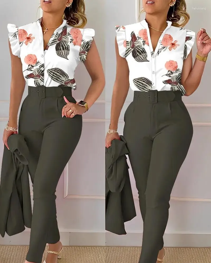 Women's Two Piece Pants Print Button Flying Sleeve Set Women V-neck Shirt And Elegant Suits 2023 Fashion Slim Office Blouses Sets