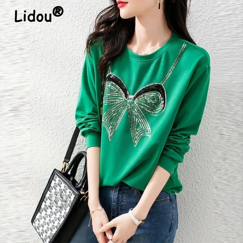 Moletons Femininos 2023Primavera Auutmn Moda Coreana Chique Laço Strass Verde Manga Longa Algodão Top Feminino Casual Solto Moletom Roupas