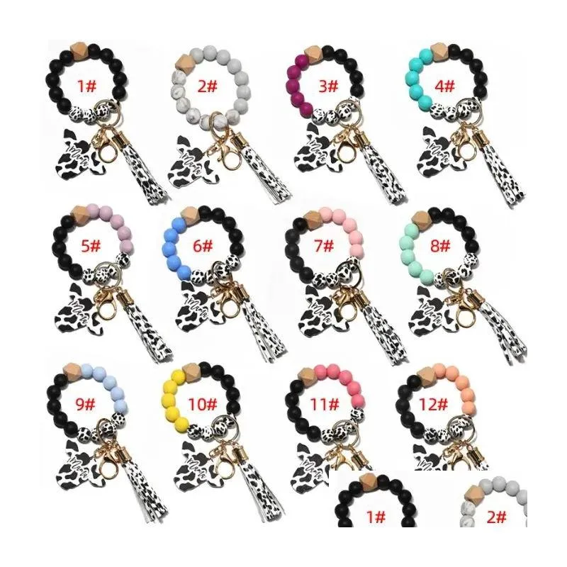 Party Favor FedEx Sile Cursive Cow Bead Armband Wood Disk Keychain Tassel Ox Head Wrist Key Ring Charm Pendant Drop Delivery Home G DHKYM