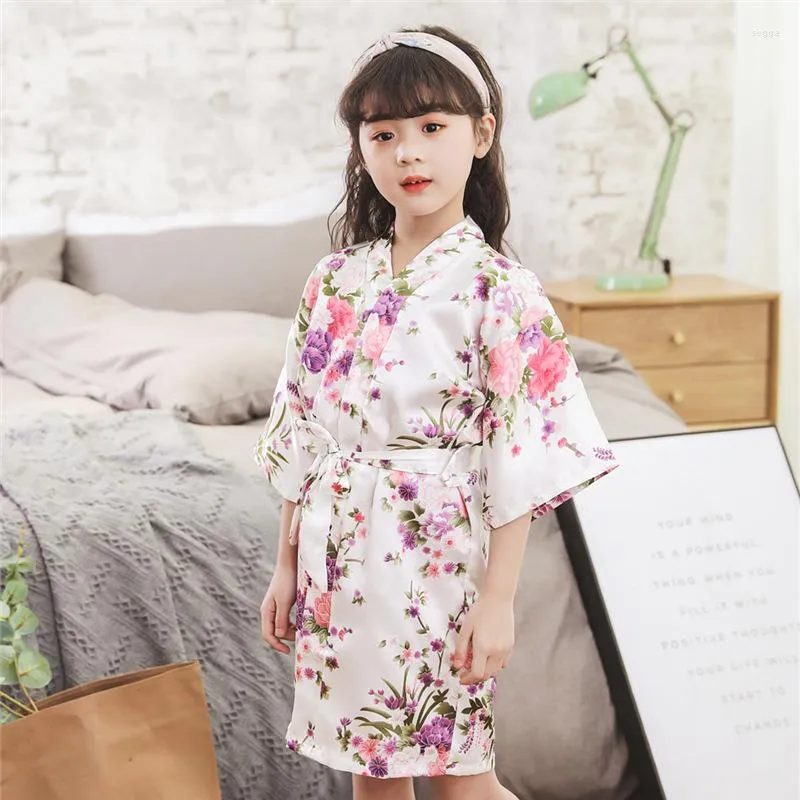 Women's Sleepwear White Print Flower Child Robe Nightgown Loose Lingerie Lounge Kimono Bath Gown Summer Half Sleeve Short Negligee