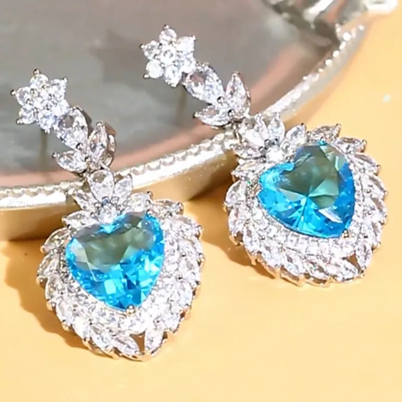 Lussuoso orecchino di design a cuore blu per donna Verde AAA Cubic Zirconia Rame Donna Festa Nuziale Matrimonio Fidanzamento Orecchini di diamanti Gioielli di moda Regalo