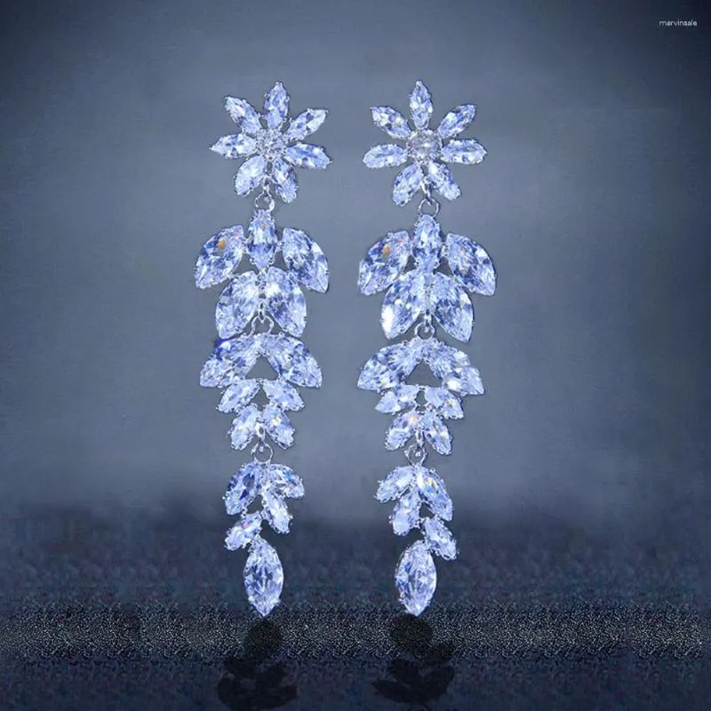 Dangle Earrings Luxury Leaf Shape Cubic Zirconia Drop For Bride Wedding Jewelry Shiny Crystal Long Flower CZ Stone