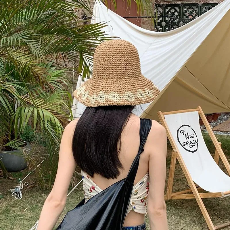 Wide Brim Hats Flower Design Summer Women Bucket Hat Foldable Crochet Sun Sunshade Holiday Beach Wholesale