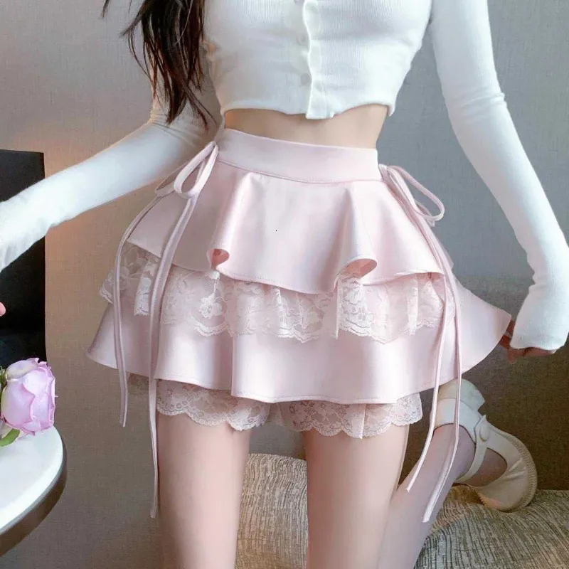スカートHouzhou Kawaii Pink Ruffle Mini Skirt Women Fairycore Lace Doublelayerかわいいハイウエスト包帯セクシーな短いコケットロリータ230720