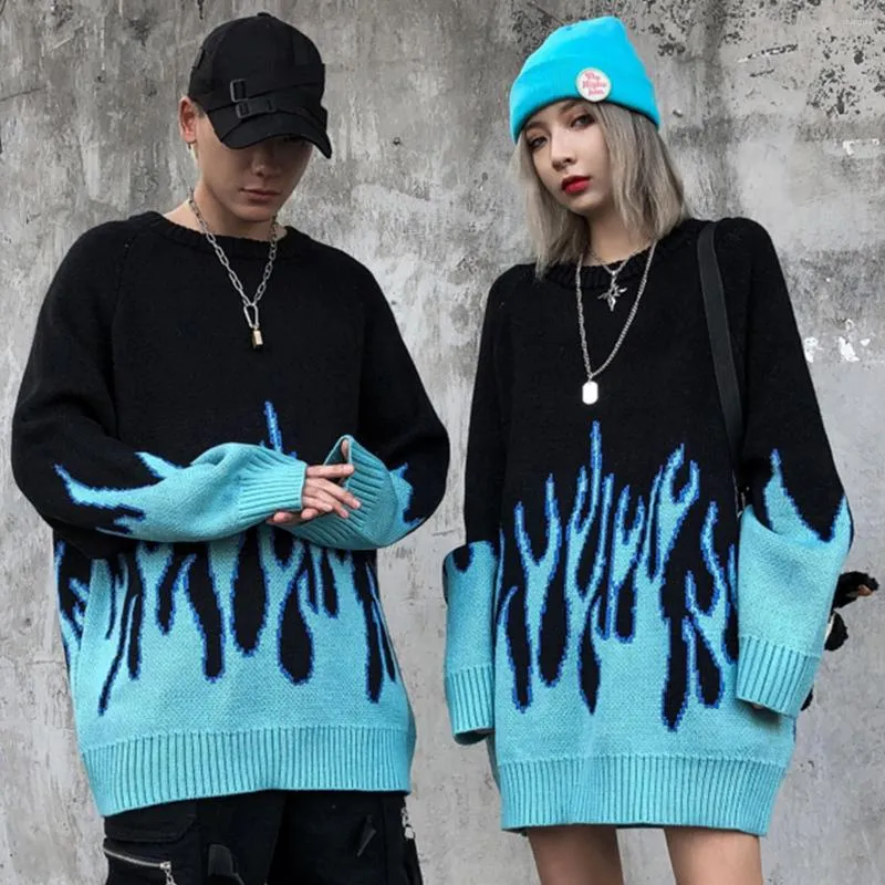 Mens Sweaters 11 BYBBS DARK Sweater Pullover Men Streetwear Blue Fire Flame Knitted Hip Hop Harajuku Tops Casual Couple Black From 34 48 DHgate