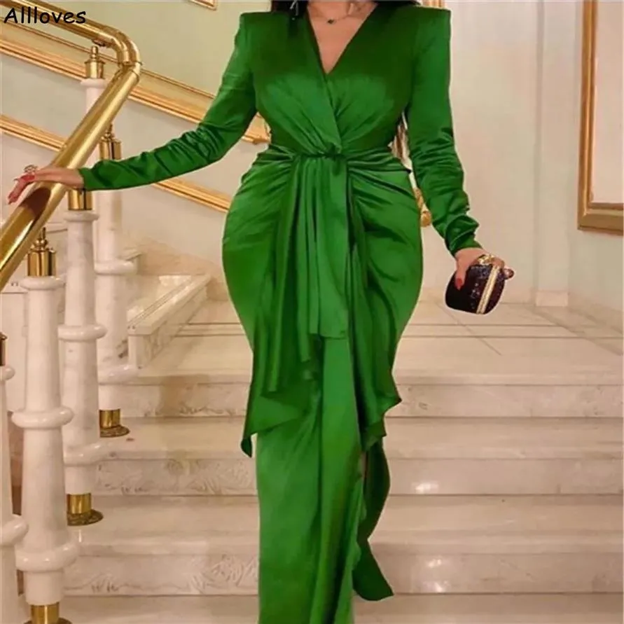 Vestidos de noite sexy verde escuro com decote em V com mangas compridas Kaftan Dubai Árabe Longo Sereia Vestidos de Festa de Baile Sweep Train Pus Tamanho Fo187H