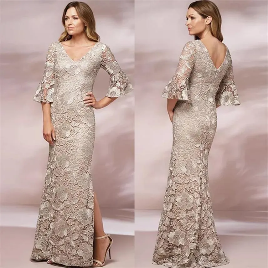 Champagner Meerjungfrau Spitze Mutter der Braut Kleider V-Ausschnitt Lange Ärmel Abendkleider Bodenlang Plus Size Side Split Hochzeit Gue245Y